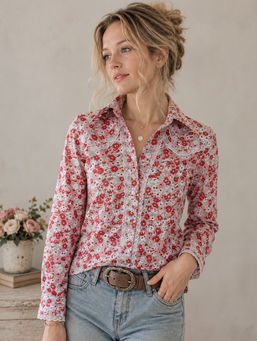Hale Bob Pink Floral Lace Shabby Chic Pearl Snap Button Up Blouse Top Size Small